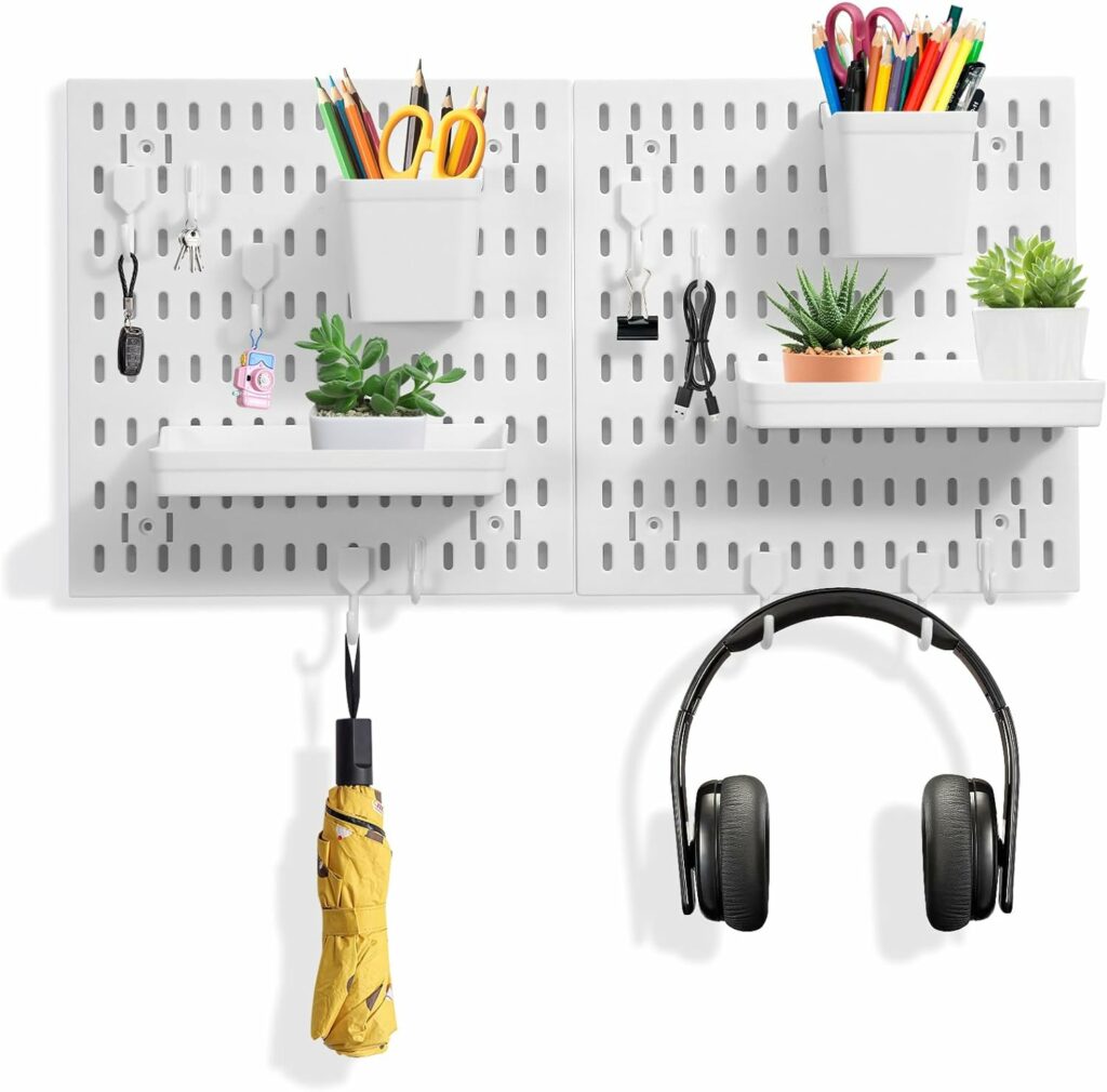 Home Office Pegboard holding scissors, clips, pencils, plants, crayons, headphones