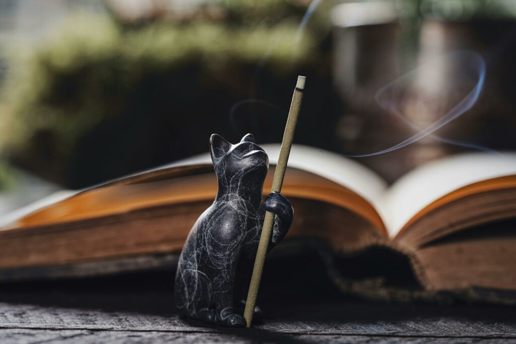 Cat-shaped incense holder and book in the background