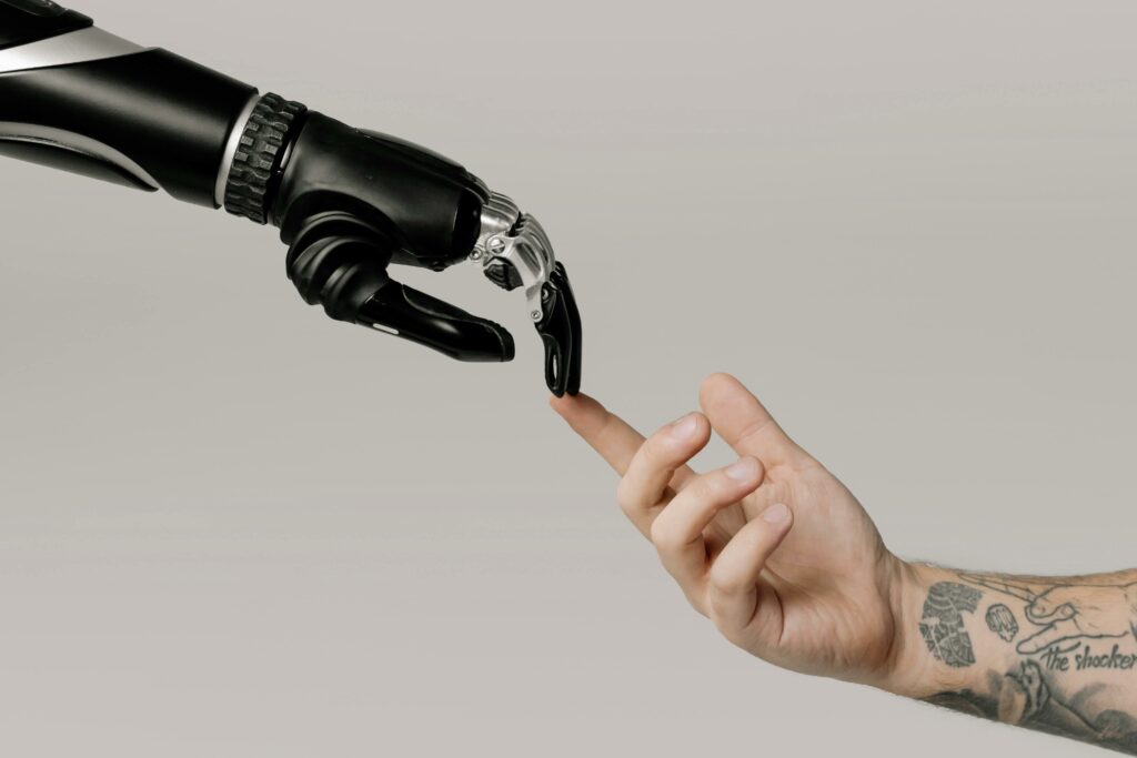 Human touching finger with AI robot