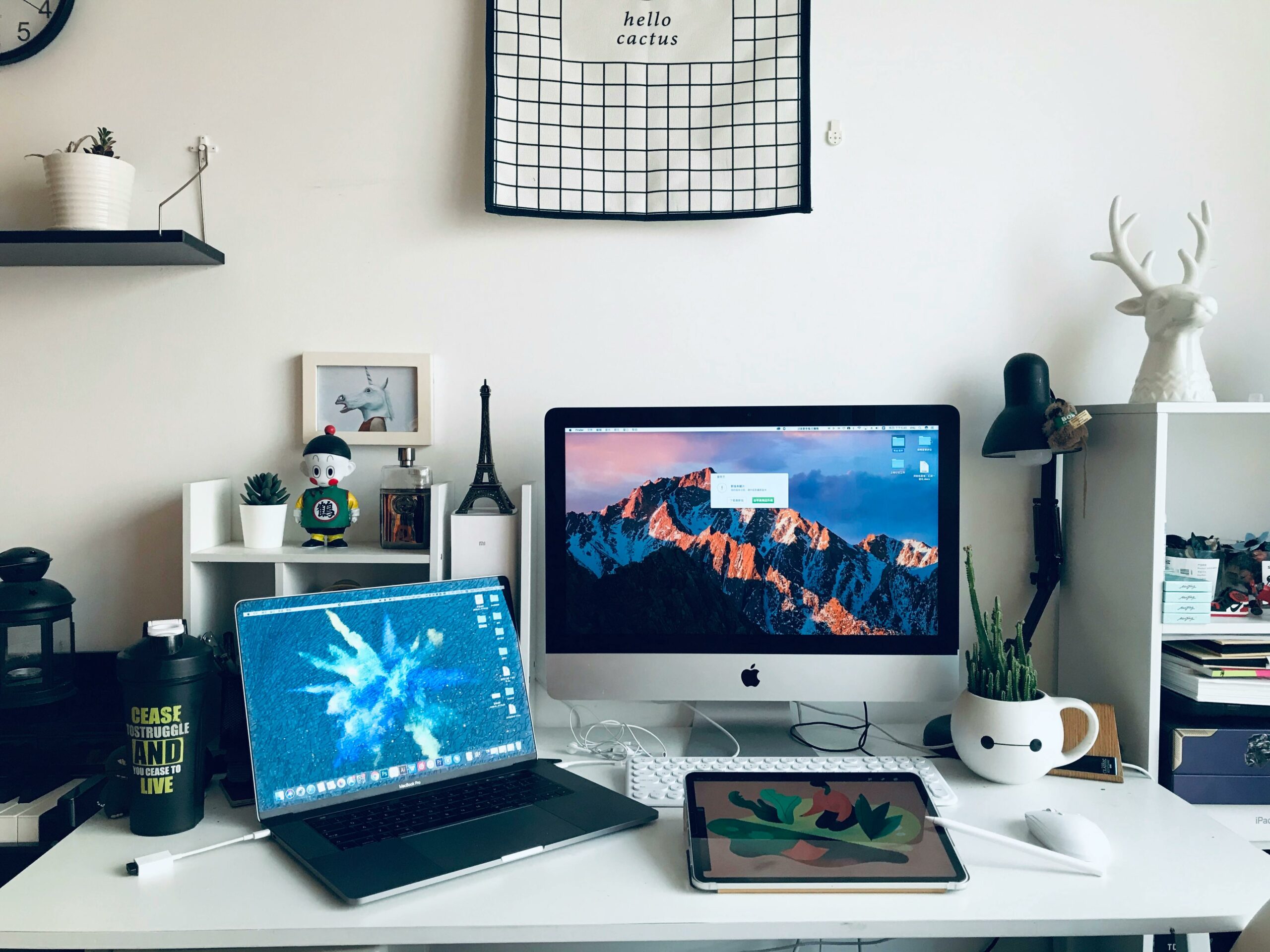 Desk full of different home office gadgets